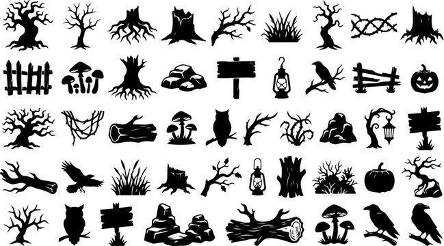 Set of spooky forest elements and halloween icons vector illustration