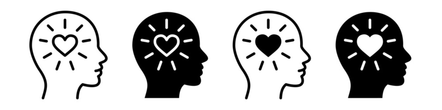 Human head with heart icon set representing empathy, kindness and emotional wellbeing. Outline and solid vector symbols for psychology, mental health, mindfulness and self care.
