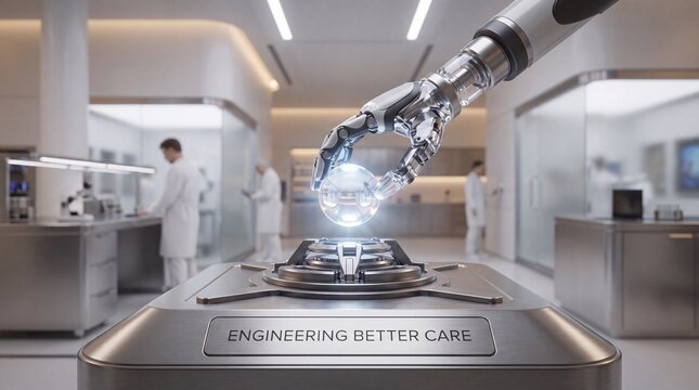 Robotic arm holding transparent sphere above metal platform inside modern medical laboratory research facility