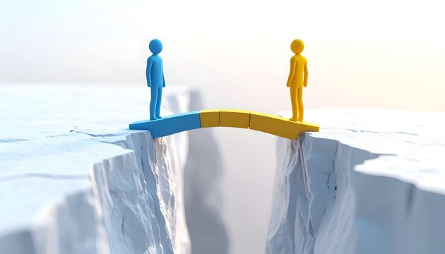 Blue and yellow figures linked by a curved bridge over a deep gap, representing connection, compromise, partnership, and problem solving.