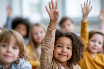 Fototapeta premium Young children raise hands in a bright classroom. Curly-haired child smiles warmly at the camera. Peers look eager and attentive around them. Scene captures youthful enthusiasm and learning