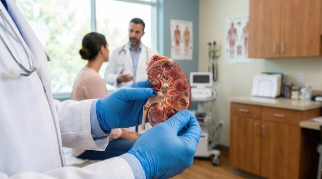 Physician explain ailment: human kidney, renal disease, patient care, medical consult, health education, diagnostic model, body structure, urology discussion, treat condition.