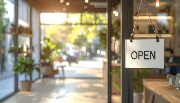 Clean OPEN sign hanging on a glass door with modern shop interior and natural light, representing business readiness, retail, and commercial success.