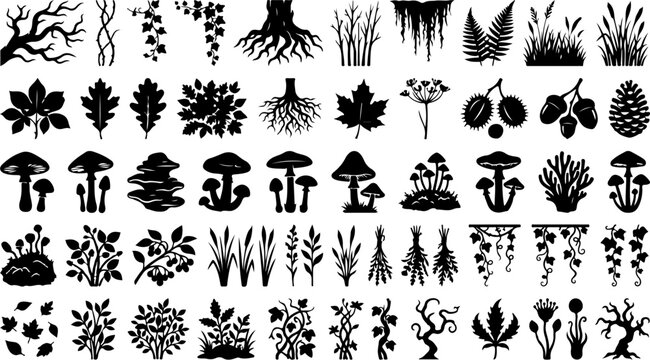 Set of black silhouettes of forest plants, trees, leaves, and mushrooms vector illustration
