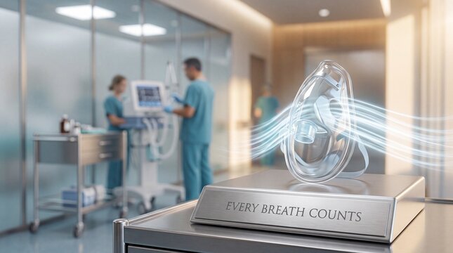 Medical oxygen mask display with hospital staff in background with metal stand medical blurred background