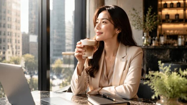Young Asian woman enjoying coffee while sitting at modern desk  