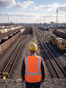 A railway worker in a highvisibility vest and hard hat overlooking a vast industrial train yard with many freight cars