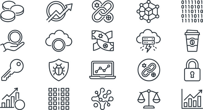 Cryptocurrency and blockchain technology vector icon set with binary code data encryption cloud mining shield and network nodes