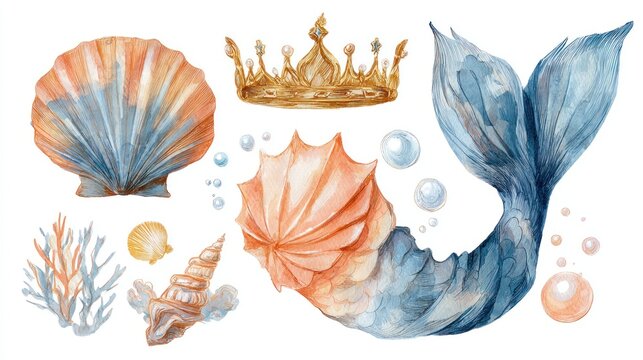 Watercolor mermaid tail shell crown isolated illustration art