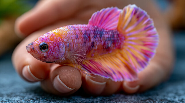 Colorful multi-colored betta fish held carefully in human palms with colorful wildlife aquarium