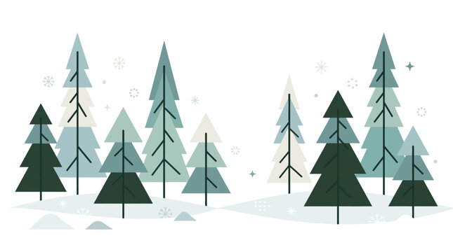 Trees arranged in a minimalist winter forest setting create a serene snowy landscape with geometric pine shapes and soft falling flakes.