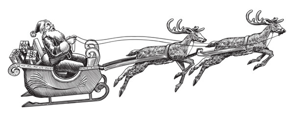 Obraz premium Santa Claus flying on the sleigh fully hand drawn illustration. Engraved hatching traditional style for modern advertisement usage.