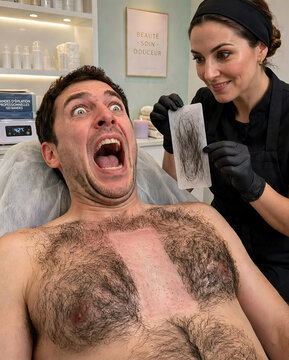 Man screaming during painful chest hair waxing epilation, beautician holding wax strip full of hair in beauty salon, funny shocked face, red irritated skin, humorous male grooming hair removal concept