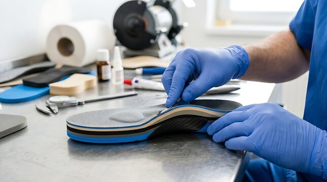 Orthopedic technician crafting custom foot orthotics in a specialized medical workshop environment