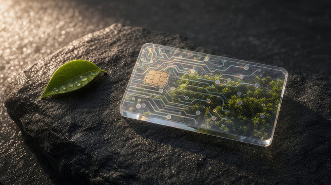 Surreal concept of a clear glass microchip on dark slate with a green moss ecosystem embedded inside, lit by side daylight.