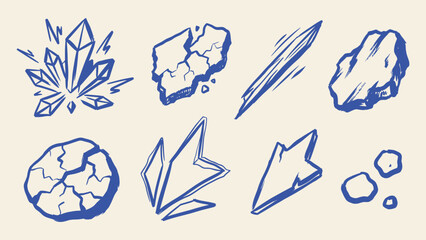 Hand drawn vector set of crystal shards rocks and cracked stones in blue ink sketch style for game design and graphic elements © Artastic