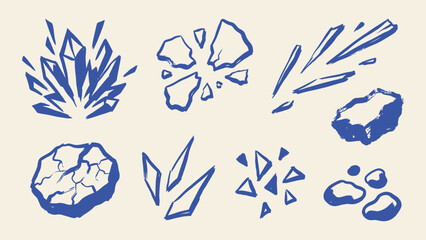 Blue hand drawn rock and crystal vector icons with shattering cracking and debris elements for graphic design