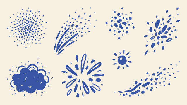 Hand drawn vector doodle set of blue fireworks sparkles sun and cloud elements for festive design