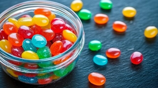 A glass jar is filled with assorted jelly beans in bright colors, with some candies scattered on a dark surface