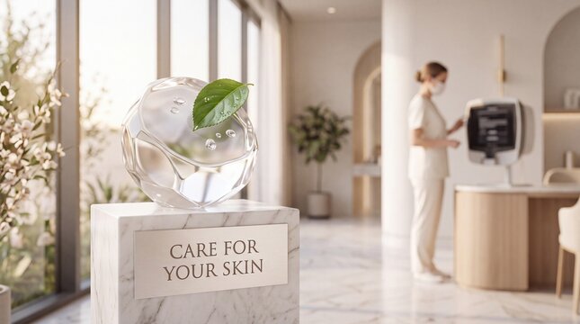 Crystal water drop with leaf on marble pedestal care for your skin sign spa with clear crystal drop green