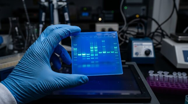 Scientist holding agarose gel electrophoresis plate with glowing dna bands in a laboratory setting