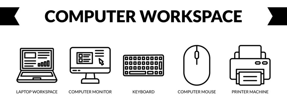 Computer Workspace web banner icon vector illustration concept with icons of laptop workspace, computer monitor, keyboard, computer mouse, and printer machine. 