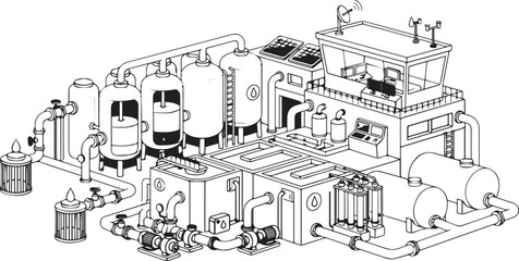 Obraz premium Industrial water treatment plant isometric vector illustration with filtration tanks, pumps, pipelines, control building, purification system, engineering infrastructure design