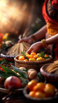 Colorful fruits arranged artistically in a local market during a vibrant festival celebration