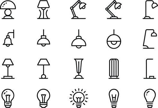 Residential Lighting Fixture and Desk Lamp Line Icon Set Featuring Incandescent Lightbulbs Table Lamps Pendant Lights and Minimalist Wall Sconces