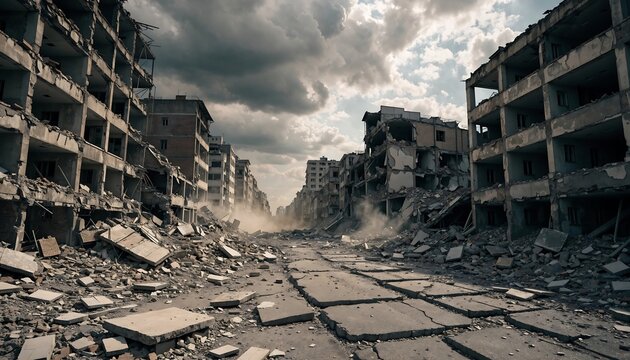 Destroyed urban residential buildings with debris and damaged infrastructure