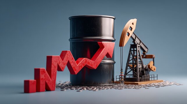 Oil barrel and pump jack illustrating rapid crude oil price surges, with a red arrow chart ascending, representing inflation, rising energy costs, and economic impact