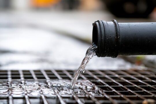 Water flows from a pipe onto a metal grate on a wet street during a rainy day