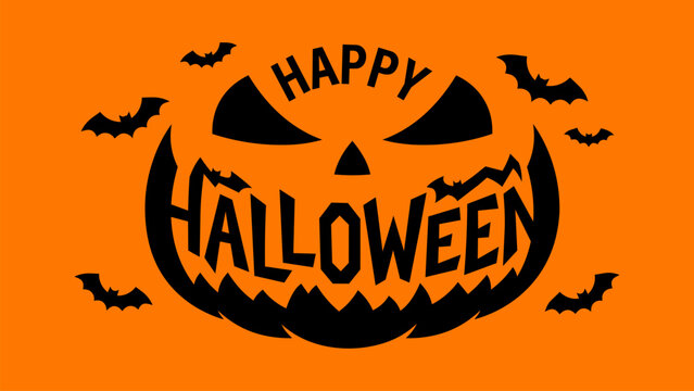 Spooky Jack O Lantern Pumpkin Silhouette Face with Happy Halloween Typography Vector