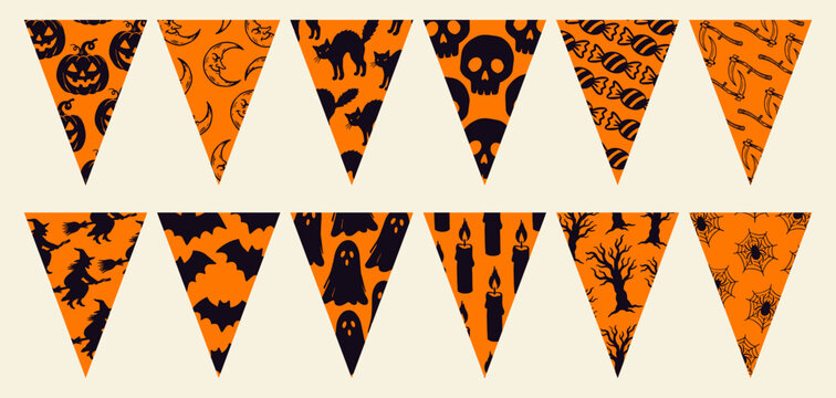 Spooky Halloween Patterned Bunting Flags Banner Collection Orange and Black Vector