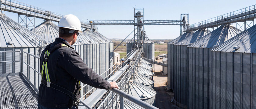 Worker in hard hat and safety harness standing on a catwalk overlooking a large grain elevator facility on a sunny day