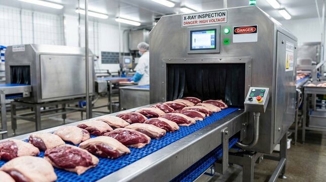 Duck breast meat fillets moving on conveyor belt through X-ray inspection machine in modern food processing plant