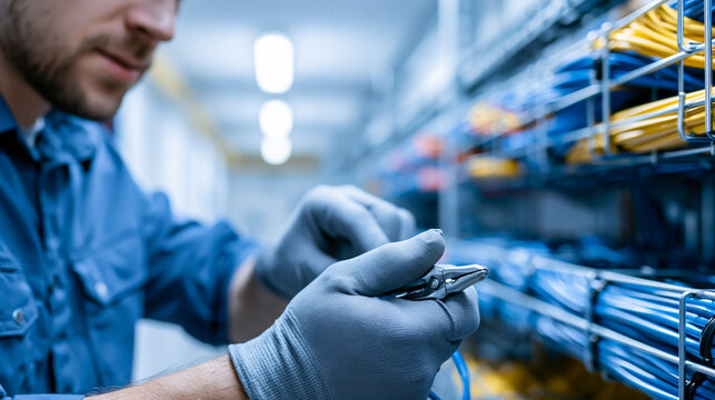 Close up of gloved hands of a european technician finishing an underground cable splice inside a bright utility tunnel neatly organized colour coded wiring and clean cable trays