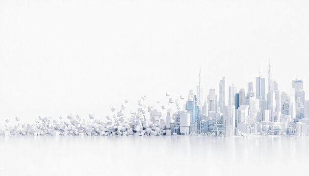 3D cubes transforming into modern city skyline representing urban development and architectural planning concept