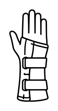 Black outline vector illustration of a raised human hand wearing a wrist brace with adjustable velcro straps and supportive thumb support for medical rehabilitation
