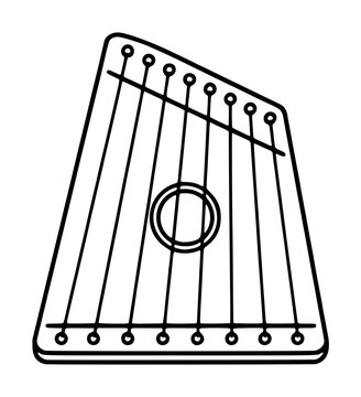 Hand traced vector icon illustration of a zither string instrument with multiple strings stretched over a circular sound hole on a trapezoidal wooden body for music design