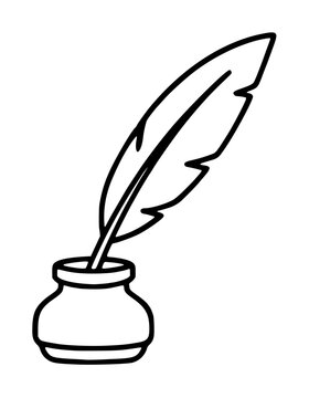 Vintage hand-drawn writing quill dipped in inkwell bottle, classic vector icon illustration with elegant feather pen silhouette, retro calligraphy writing tool for stationery, education, and