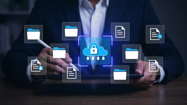Cloud Security with Digital File Protection. Person using laptop with a secure cloud icon, representing data protection, cybersecurity, and secure digital file management