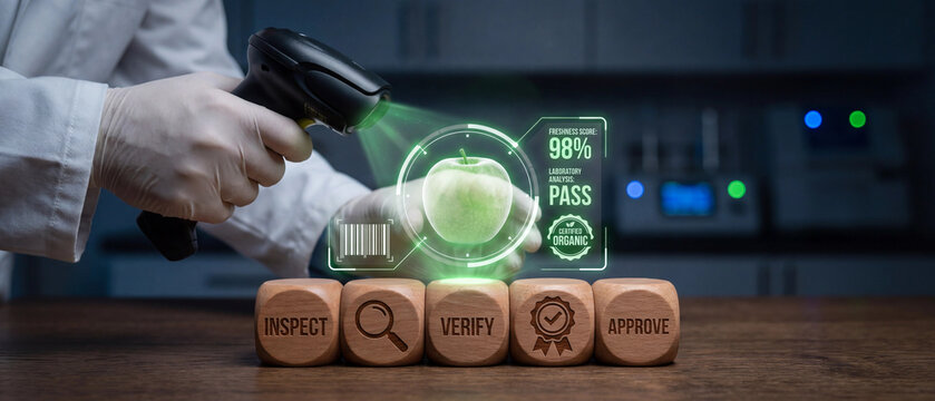 Food quality control concept, inspector scanning an apple with digital holographic interface showing organic certification