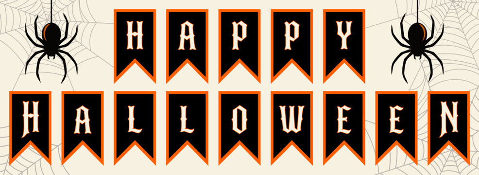 Happy Halloween Text Bunting Banner Garland with Hanging Spiders and Webs Vector