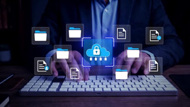 Cloud Security with Digital File Protection. Person using laptop with a secure cloud icon, representing data protection, cybersecurity, and secure digital file management