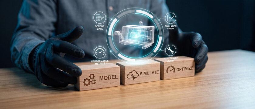 Digital twin technology concept with industrial machine model, sensor data, simulation graph, and maintenance optimization
