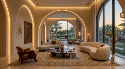 Fototapeta premium Luxurious modern living room with arched doorways, neutral tones, and large windows overlooking garden.