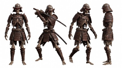 Fototapeta premium Fearsome undead samurai skeleton warrior in rusty armor with glowing red eyes, wielding a katana. Multiple dynamic poses for fantasy/horror themes.