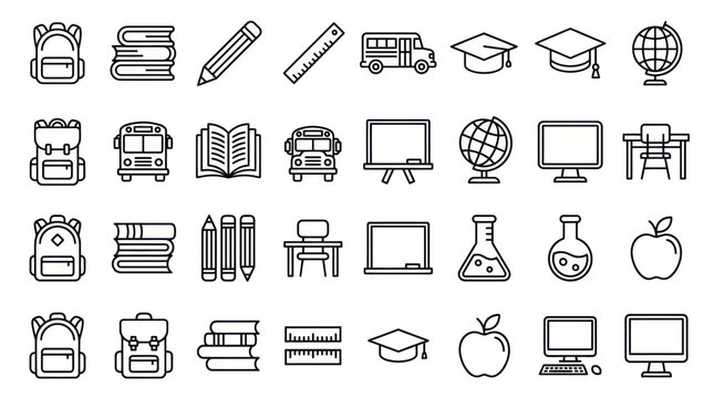 Comprehensive school supplies and K-12 education icons.