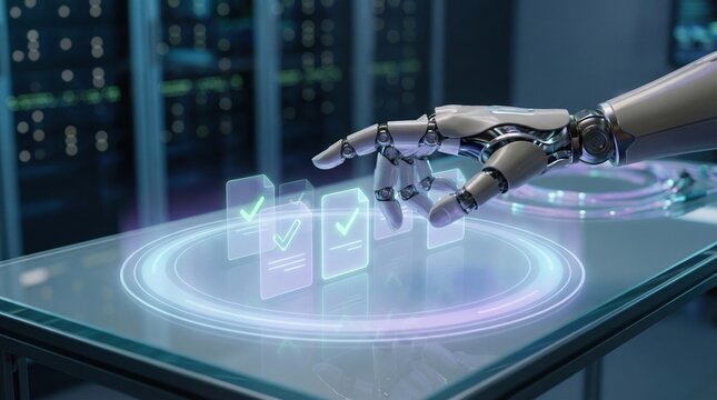 AI document review system shows approval and reject detection by automation technology in futuristic robotic hand interface